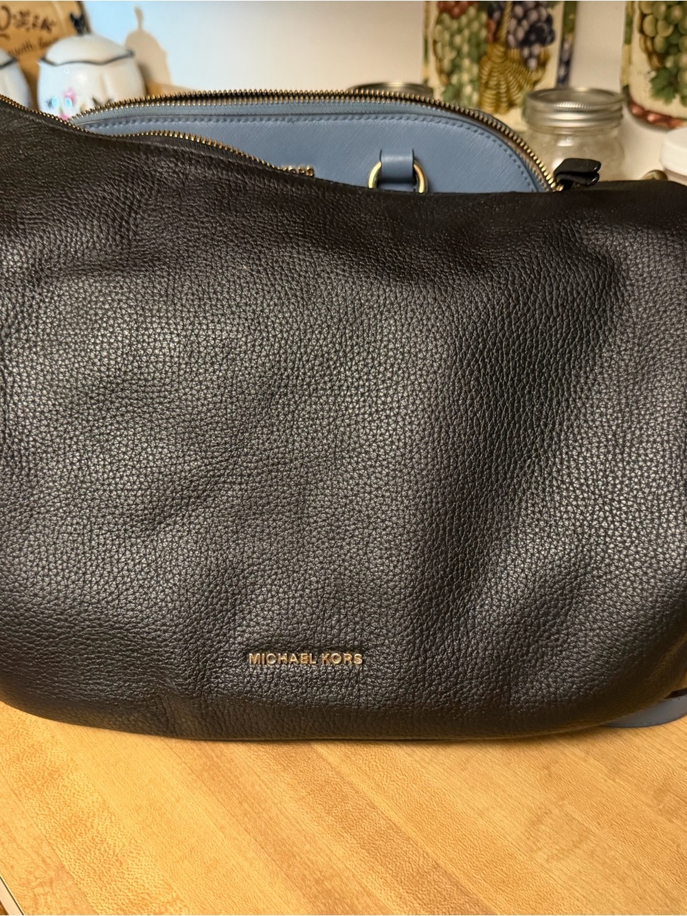 Michael Kors Black Pebbled Leather Messenger Bag with Gold Logo